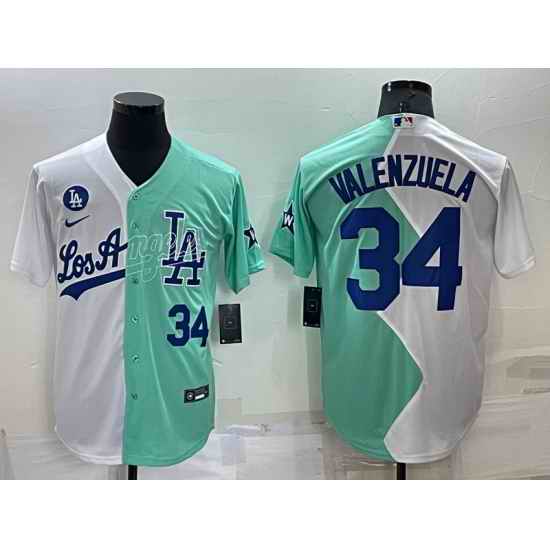 Men Los Angeles Dodgers #34 Fernando Valenzuela 2022 All Star White Green Cool Base Stitched Baseball Jersey