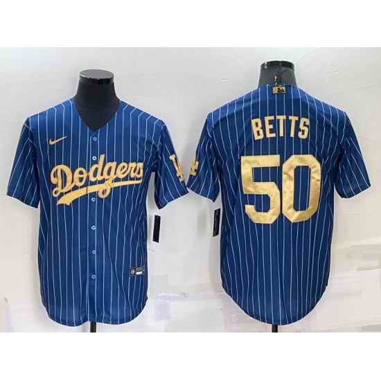 Men Los Angeles Dodgers #50 Mookie Betts Navy Gold Cool Base Stitched Baseball Jersey
