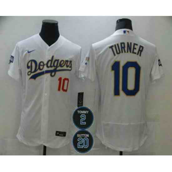 Men Los Angeles Dodgers 10 Justin Turner White Gold #2 20 Patch Stitched MLB Flex Base Nike Jersey