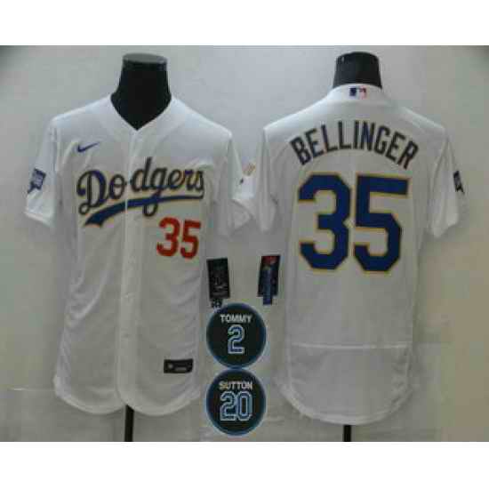 Men Los Angeles Dodgers 35 Cody Bellinger White Gold #2 20 Patch Stitched MLB Flex Base Nike Jersey