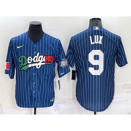 Men Los Angeles Dodgers #9 Gavin Lux Navy Mexico World Series Cool Base Stitched Baseball Jersey