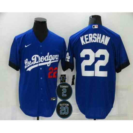 Men Los Angeles Dodgers 22 Clayton Kershaw Blue #2 20 Patch City Connect Number Cool Base Stitched Jersey