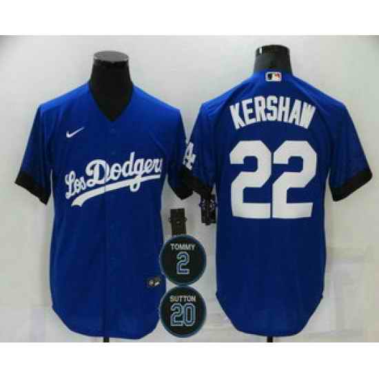 Men Los Angeles Dodgers 22 Clayton Kershaw Blue #2 20 Patch City Connect Cool Base Stitched Jersey