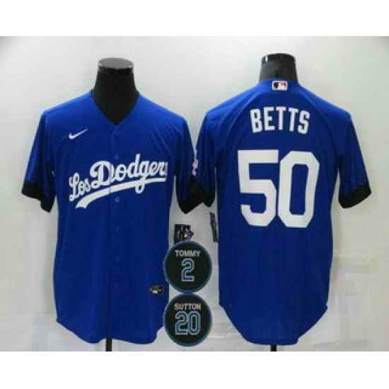Men Los Angeles Dodgers 50 Mookie Betts Blue #2 20 Patch City Connect Cool Base Stitched Jersey