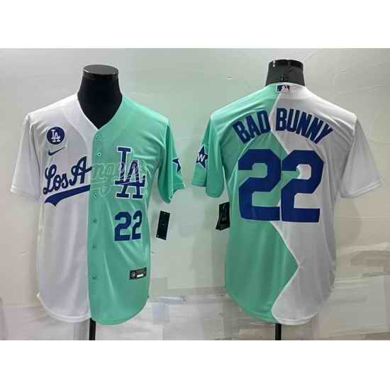 Men Los Angeles Dodgers #22 Bad Bunny 2022 All Star White Green Cool Base Baseball Jerseys