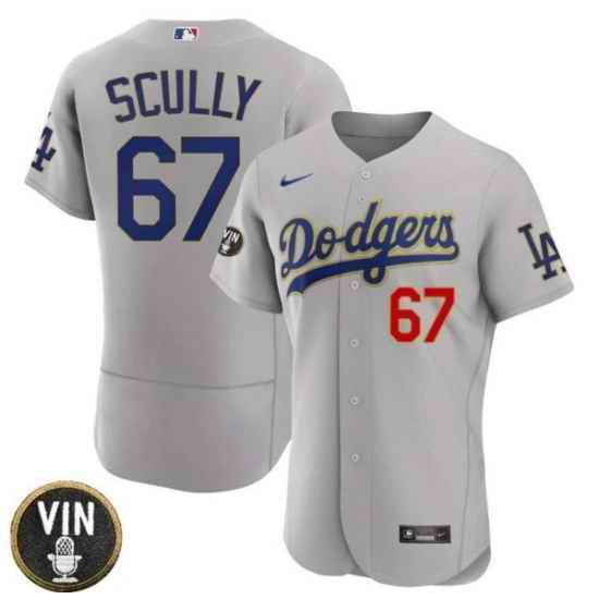 Men Los Angeles Dodgers #67 Vin Scully 2022 Grey Vin Scully Patch Flex Base Stitched Baseball Jersey