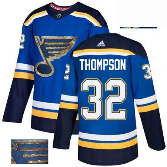 Mens Adidas St Louis Blues #32 Tage Thompson Authentic Royal Blue Fashion Gold NHL Jersey