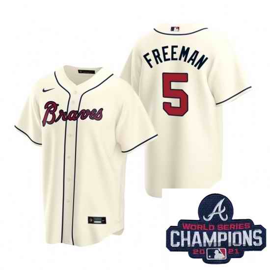 Men Nike Atlanta Braves #5 Freddie Freeman Cream Alternate Stitched Baseball Stitched MLB 2021 Champions Patch Jersey
