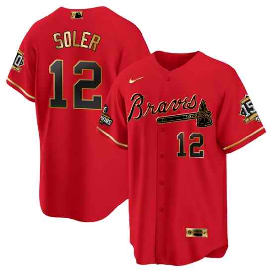 Men Atlanta Braves #12 Jorge Soler 2021 Red Gold World Series Champions With 150th Anniversary Patch Cool Base Stitched Jersey