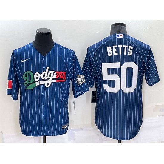 Men Los Angeles Dodgers #50 Mookie Betts Navy Mexico World Series Cool Base Stitched Baseball Jersey
