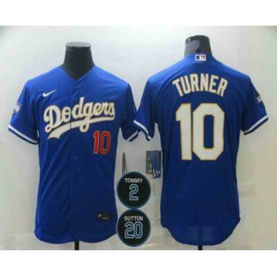 Men Los Angeles Dodgers 10 Justin Turner Blue Gold #2 20 Patch Stitched MLB Flex Base Nike Jersey