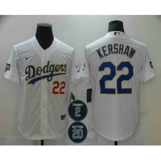 Men Los Angeles Dodgers 22 Clayton Kershaw Red Number White Gold #2 20 Patch Stitched MLB Cool Base Nike Jersey