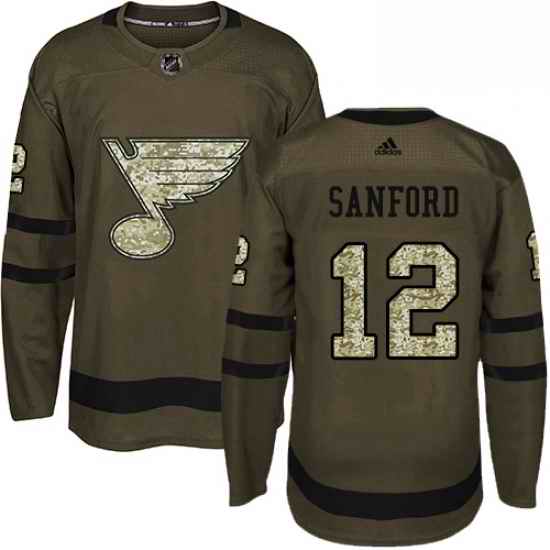 Mens Adidas St Louis Blues #12 Zach Sanford Authentic Green Salute to Service NHL Jersey