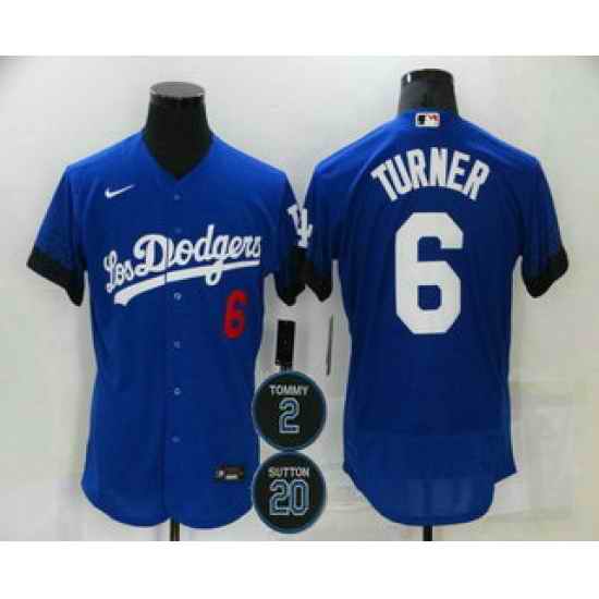 Men Los Angeles Dodgers 6 Trea Turner Blue #2 20 Patch City Connect Flex Base Stitched Jersey