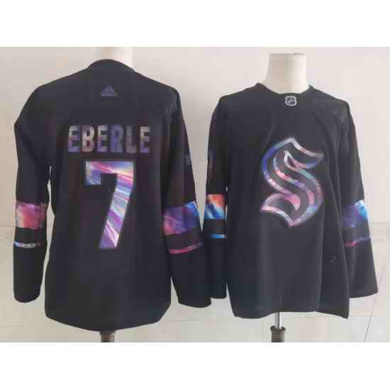 Men Seattle Kraken #7 Jordan Eberle Black Iridescent Holographic Authentic Jersey