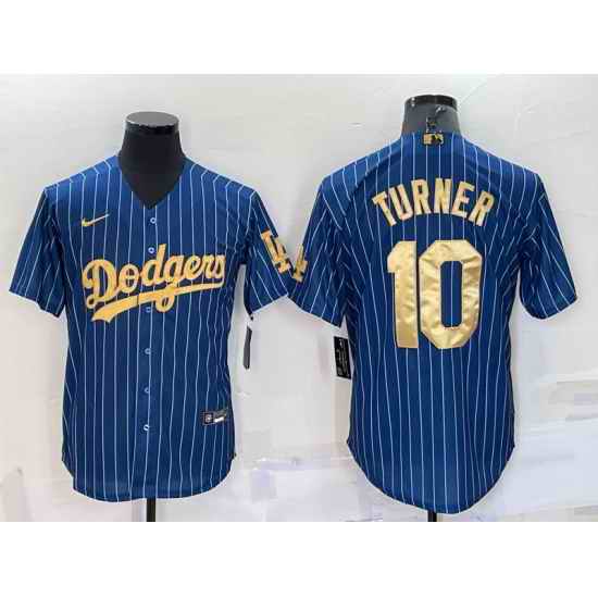 Men Los Angeles Dodgers #10 Justin Turner Navy Gold Cool Base Stitched Baseball Jersey