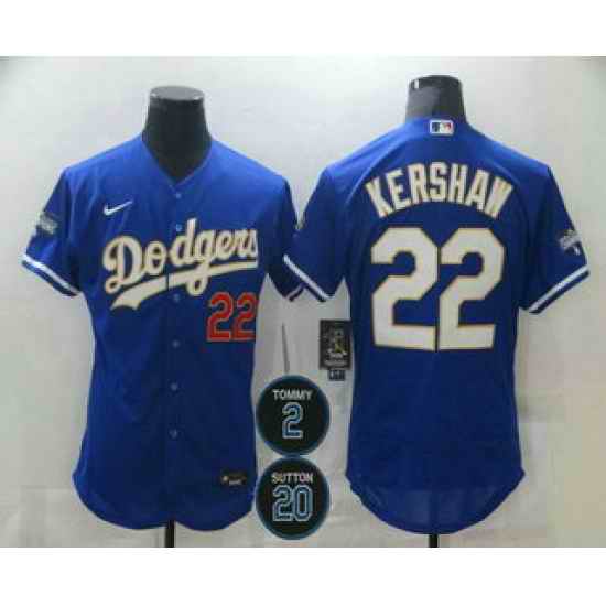 Men Los Angeles Dodgers 22 Clayton Kershaw Blue Gold #2 20 Patch Stitched MLB Flex Base Nike Jersey