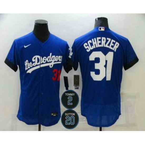 Men Los Angeles Dodgers 31 Max Scherzer Blue #2 20 Patch City Connect Flex Base Stitched Jersey