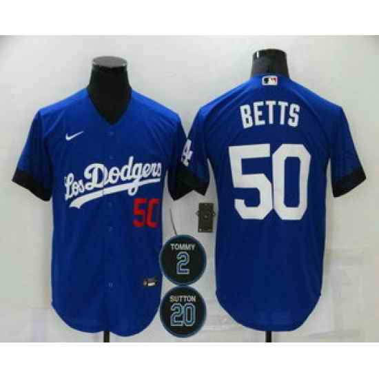 Men Los Angeles Dodgers 50 Mookie Betts Blue #2 20 Patch City Connect Number Cool Base Stitched Jersey