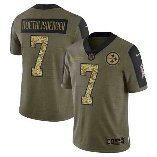 Men Pittsburgh Steelers #7 Ben Roethlisberger 2021 Salute To Service Olive Camo Limited Stitched Jersey