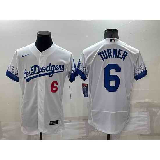 Men Los Angeles Dodgers #6 Trea Turner 2021 White City Connect Flex Base Stitched Baseball Jersey