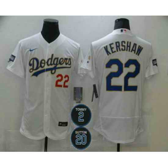 Men Los Angeles Dodgers 22 Clayton Kershaw White Gold #2 20 Patch Stitched MLB Flex Base Nike Jersey