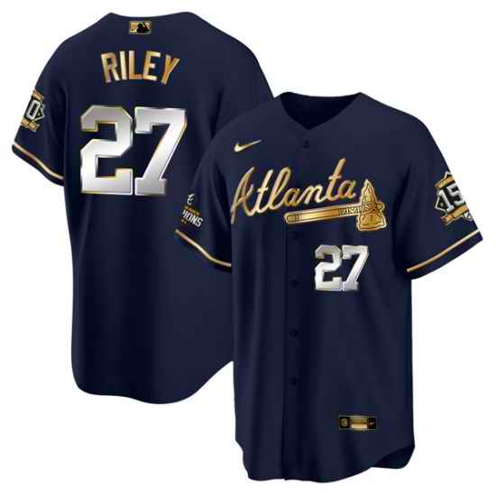 Men Atlanta Braves #27 Austin Riley 2021 Navy Gold World Series Champions With 150th Anniversary Patch Cool Base Stitched Jersey