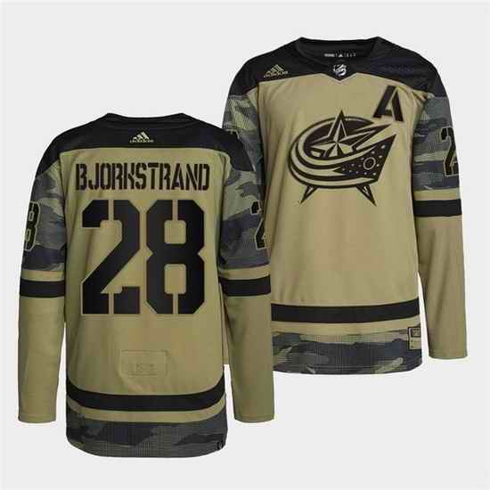 Men Columbus Blue Jackets #28 Oliver Bjorkstrand 2022 Camo Military Appreciation Night Stitched jersey