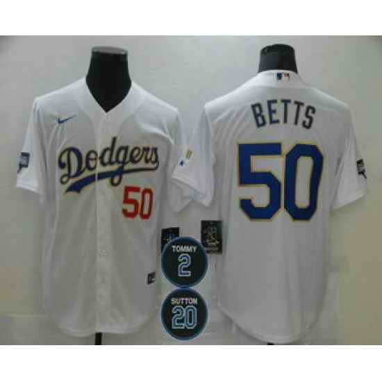 Men Los Angeles Dodgers 50 Mookie Betts Red Number White Gold #2 20 Patch Stitched MLB Cool Base Nike Jersey