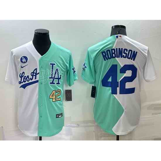 Men Los Angeles Dodgers #42 Jackie Robinson 2022 All Star White Green Cool Base Stitched Baseball Jersey