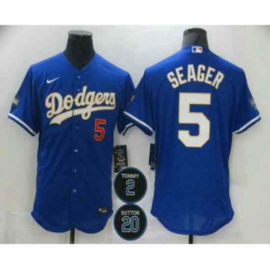 Men Los Angeles Dodgers 5 Corey Seager Blue #2 20 Patch Stitched MLB Flex Base Nike Jersey