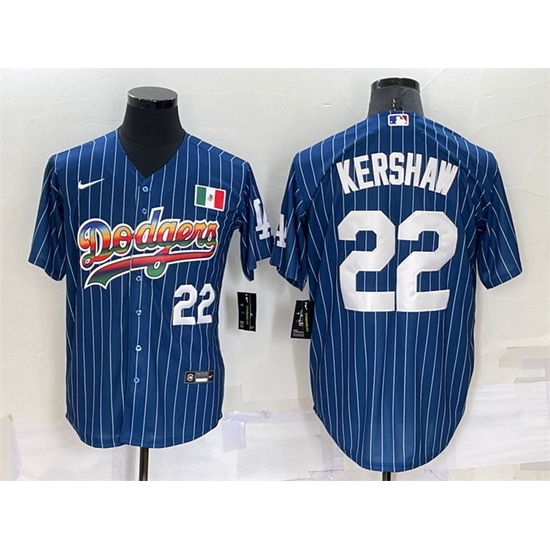 Men Los Angeles Dodgers #22 Clayton Kershaw Navy Mexico Rainbow Cool Base Stitched Baseball Jersey