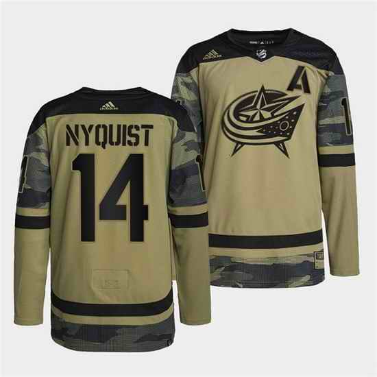 Men Columbus Blue Jackets #14 Gustav Nyquist 2022 Camo Military Appreciation Night Stitched jersey