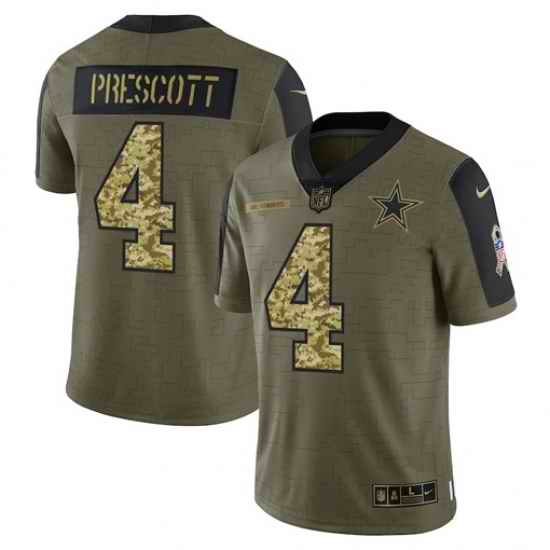 Men Dallas Cowboys #4 Dak Prescott 2021 Salute To Service Olive Camo Limited Stitched Jersey