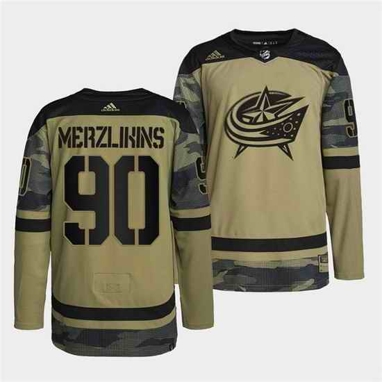 Men Columbus Blue Jackets #90 Elvis Merzlikins 2022 Camo Military Appreciation Night Stitched jersey