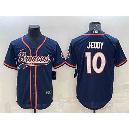 Men Denver Broncos #10 Jerry Jeudy Navy With Patch Cool Base Stitched Baseball Jersey
