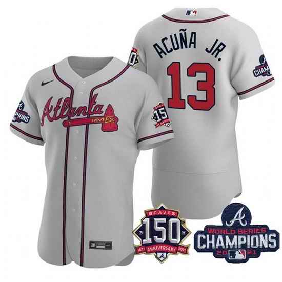Men's Grey Atlanta Braves #13 Ronald Acuna Jr. 2021 World Series Champions With 150th Anniversary Flex Base Stitched Jersey