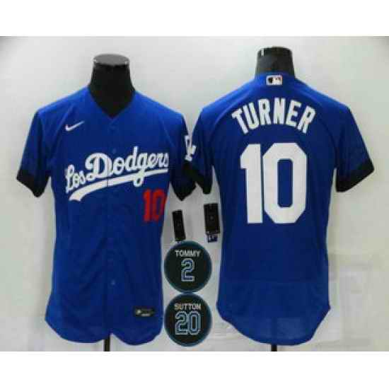 Men Los Angeles Dodgers 10 Justin Turner Blue #2 20 Patch City Connect Flex Base Stitched Jersey