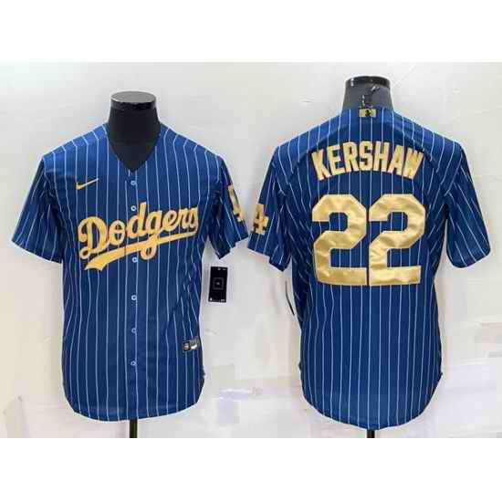 Men Los Angeles Dodgers #22 Clayton Kershaw Navy Gold Cool Base Stitched Baseball Jersey