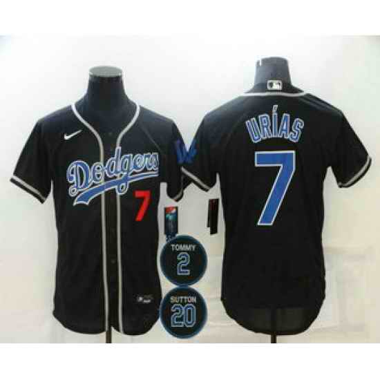 Men Los Angeles Dodgers 7 Julio Urias Black Blue #2 20 Patch Stitched MLB Flex Base Nike Jersey