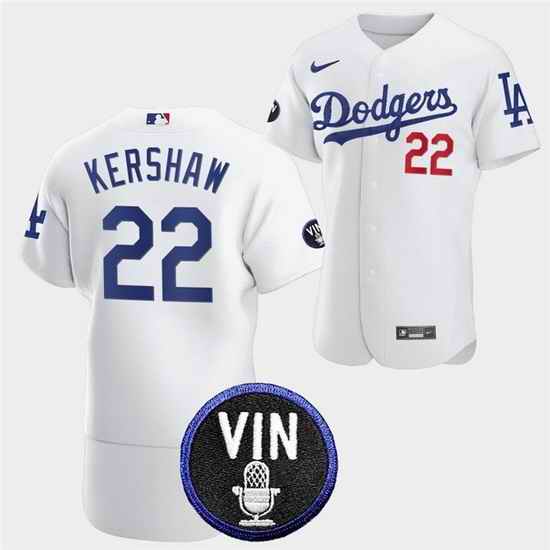 Men Los Angeles Dodgers #22 Clayton Kershaw 2022 White Vin Scully Patch Flex Base Stitched Baseball Jersey