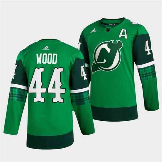 Men New jerseyy Devils #44 Miles Wood Green Warm Up St Patricks Day Stitched jersey
