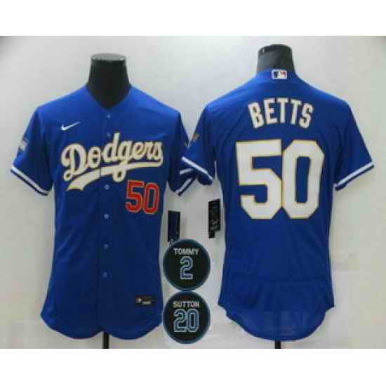 Men Los Angeles Dodgers 50 Mookie Betts Blue Gold #2 20 Patch Stitched MLB Flex Base Nike Jersey
