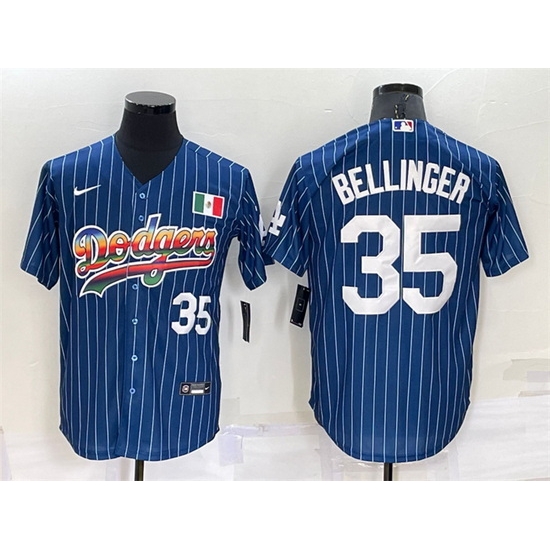 Men Los Angeles Dodgers #35 Cody Bellinger Navy Mexico Rainbow Cool Base Stitched Baseball Jersey