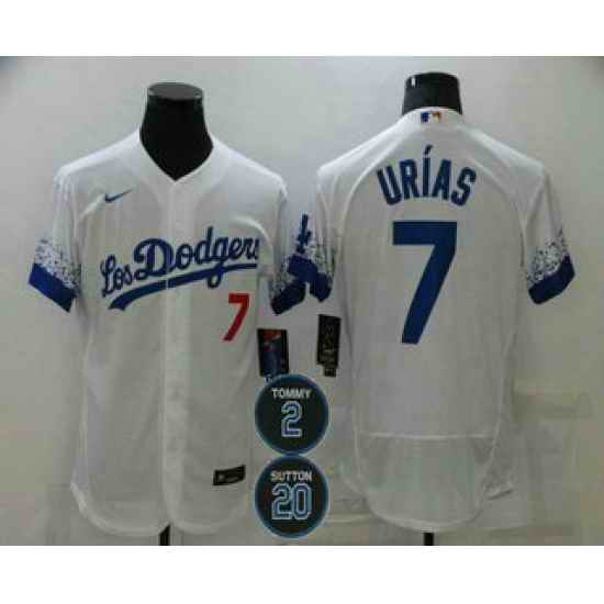 Men Los Angeles Dodgers 7 Julio Urias White #2 20 Patch City Connect Flex Base Stitched Jersey
