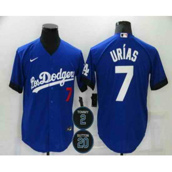 Men Los Angeles Dodgers 7 Julio Urias Blue #2 20 Patch City Connect Number Cool Base Stitched Jersey