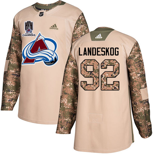 Adidas Colorado Avalanche #92 Gabriel Landeskog Camo Authentic 2022 Stanley Cup Champions Veterans Day Stitched NHL Jersey Men’s