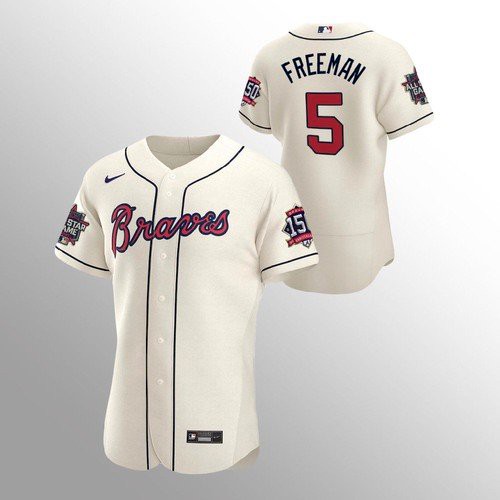 Atlanta Atlanta Braves #5 Freddie Freeman Men’s Nike 150th Anniversary 2021 World Series Authentic MLB Jersey – Cream Men’s