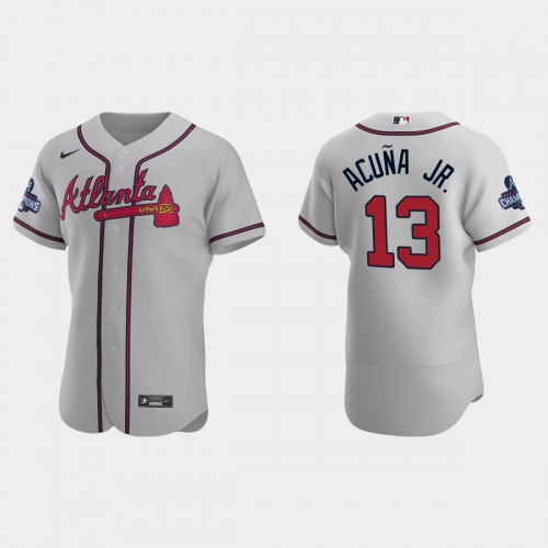 Atlanta Atlanta Braves #13 Ronald Acuna Jr. Men’s Nike 2021 World Series Champions Patch MLB Authentic Player Jersey – Gray Men’s