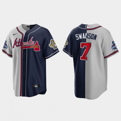 Atlanta Atlanta Braves #7 Dansby Swanson Men’s Nike 2021 World Series Champions 1995 Throwback Split Gray Navy MLB Stitched Jersey Men’s